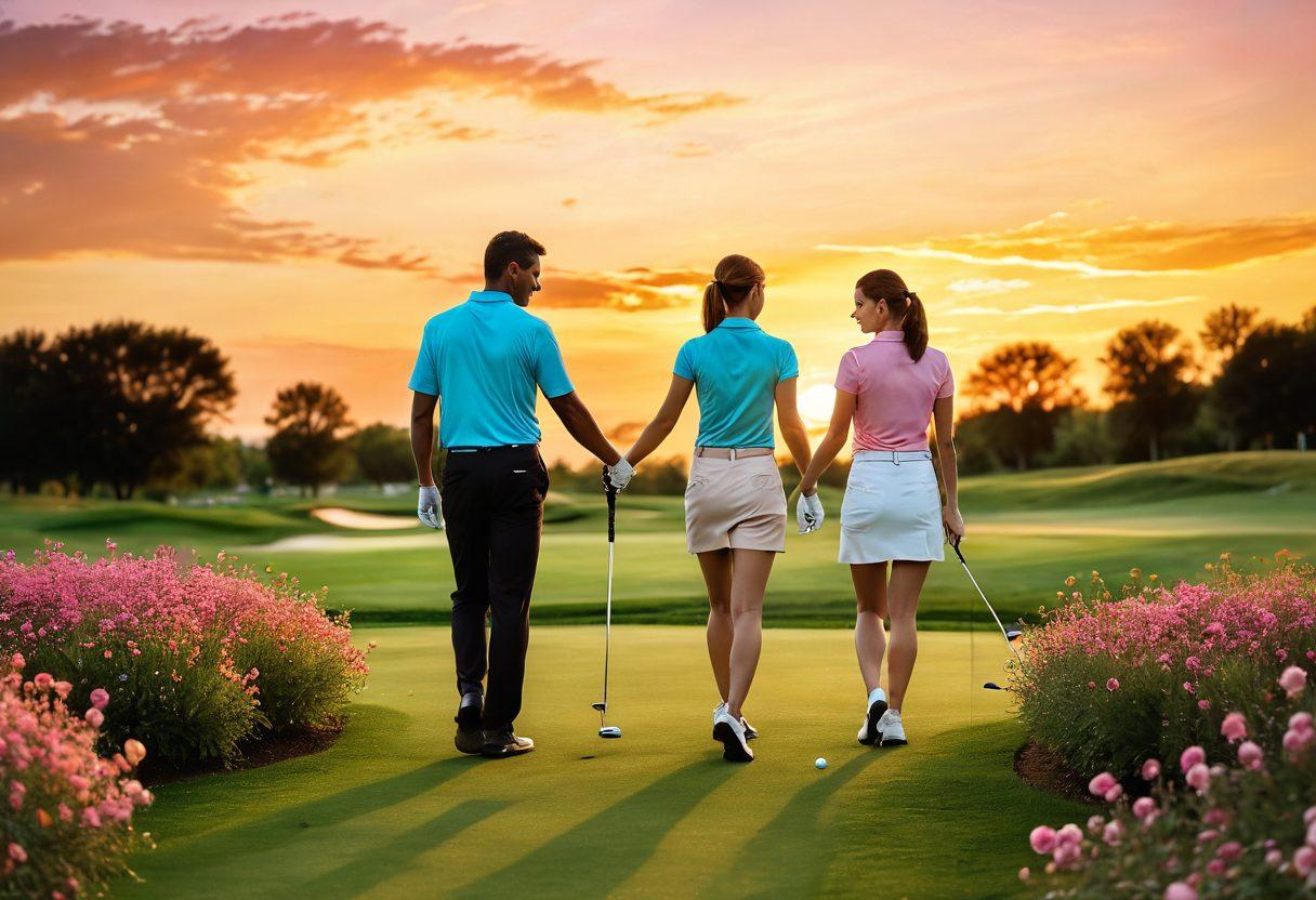 A serene golf course at sunset, with a couple holding hands while playing golf, surrounded by blooming flowers and a gentle breeze. The scene captures a blend of romance and sporting spirit, featuring golf clubs and a heart-shaped golf ball. Enchanting warm colors illuminate the sky, symbolizing love and connection within the golf community. painterly style. soft-focus effect. vibrant colors.