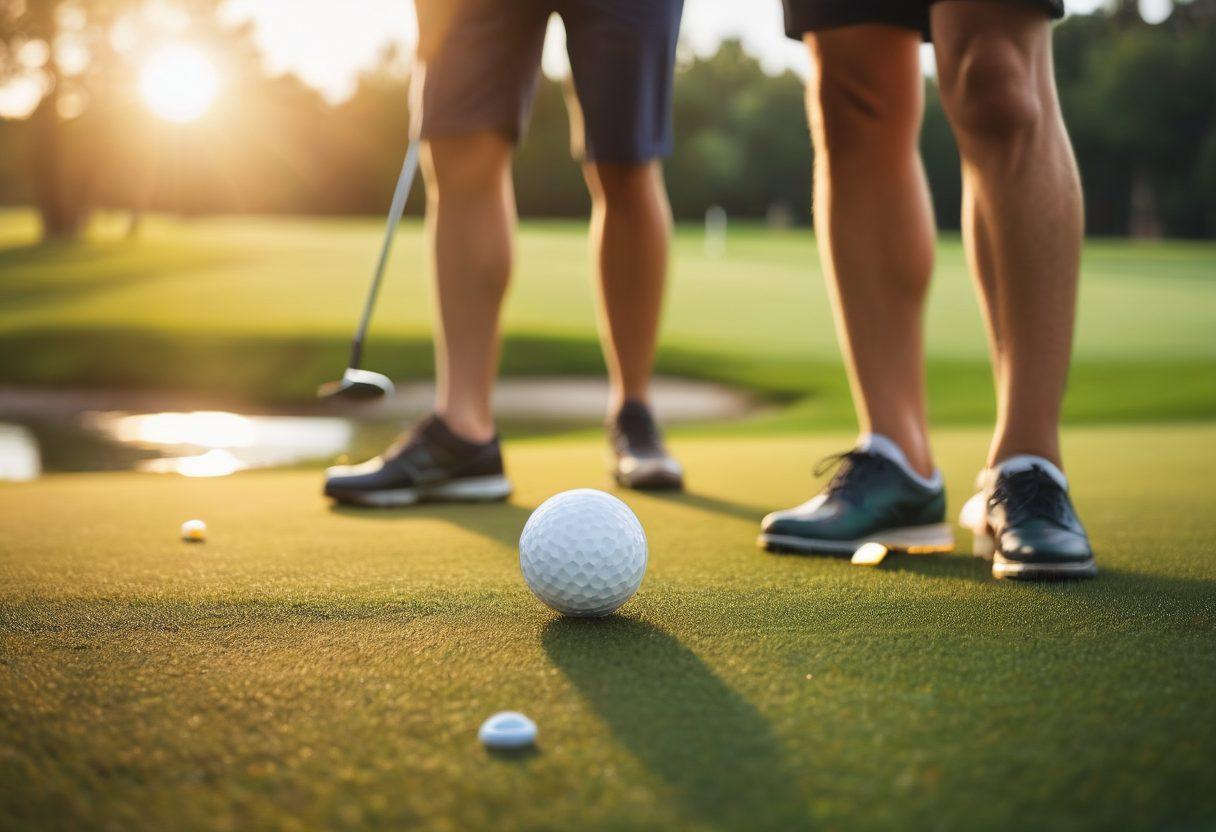 A close-up scene of two friends laughing and sharing a moment on a picturesque golf course, with lush green grass, sparkling sunlight, and colorful golf balls scattered around. In the background, a serene lake and trees shimmering in the gentle breeze. The mood is warm and inviting, capturing a sense of camaraderie and passion for the game. super-realistic. vibrant colors. soft focus.