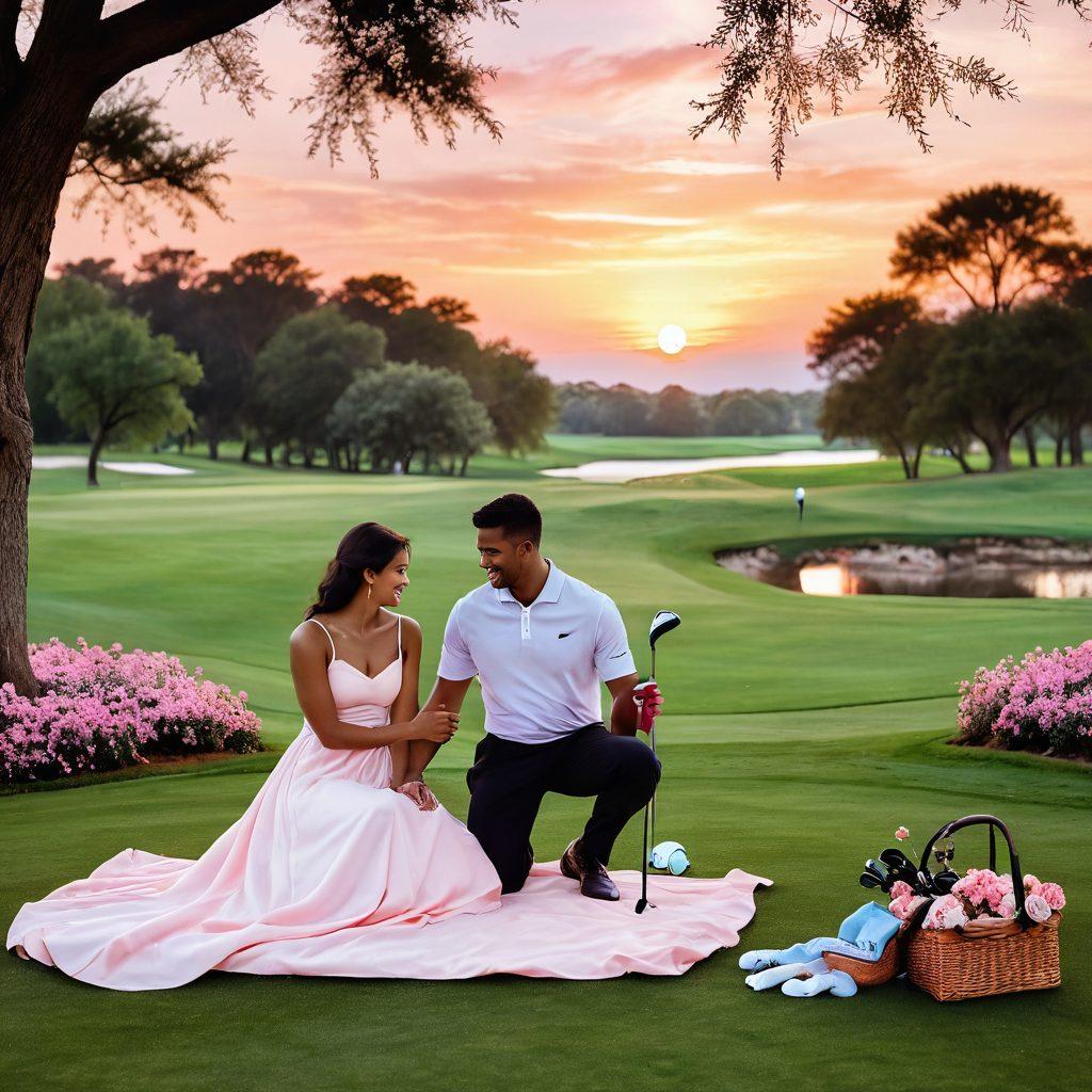 A romantic scene set on a picturesque golf course at sunset, featuring a couple laughing and sharing a playful moment while swinging golf clubs. Soft pastel hues of orange and pink illuminate the sky, casting a warm glow over lush green fairways. The couple's joyful expressions radiate love and delight, surrounded by golf gear and blossoming flowers. An inviting picnic setup nearby enhances the romantic ambiance. ultra-realistic. vibrant colors. sunset lighting.